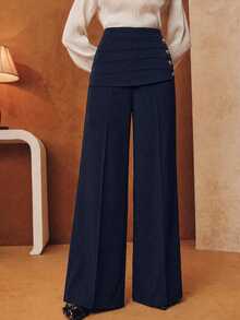 Anewsta Spring/Autumn Elegant High Waist Pleated Waistband Side Button Straight Leg Dress Pants, Suitable For Commute, Daily And Date - Navy Blue - View 4