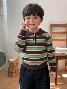 DAZY Infant (Boy) Turn-Down Collar Striped Korean Style Long Sleeve Autumn/Winter Sweater - Dark Green - View 1