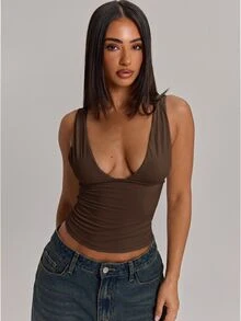SHEIN BAE 95%棉女款休閒性感修身深V領背心，深棕色 - 棕色 - 查看 5