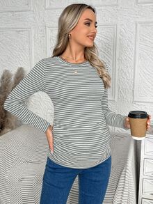 SHEIN 孕婦條紋圓領長袖百褶修身休閒T恤女上衣 咖啡棕色 秋季襯衫 - 淺灰色 - 查看 5