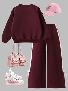 SHEIN 女童 (小號) 2件套運動衫套裝，圓領長袖運動衫；同色寬腿褲。甜美酷帥運動風，簡約又不失少女感，適合學校、短途旅行、戶外拍照、拜訪親友、派對穿著。 - 酒紅色 - 查看 2
