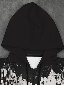 ROMWE MEN American Street Dark Character Collage Zipper Hoodie, Oversized Vintage Distressed Gothic Print - Black and White - View 3