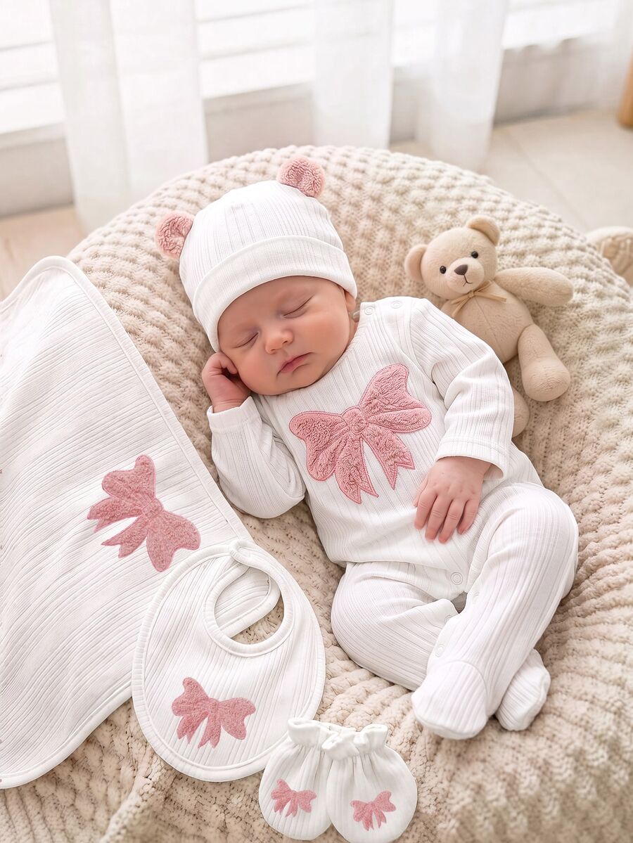 SHEIN Piyama Jumpsuit Bayi Baru Lahir Motif Pita untuk Aktivitas Sehari-hari - Putih - View 1
