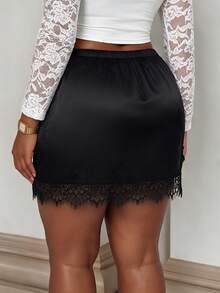 Firerie Plus Size Women Solid Color Contrast Lace Elegant Bodycon Skirt - Black - View 2