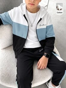 SHEIN 2件組兒童青少年男孩休閒日常百搭舒適寬鬆連帽前開襟秋季衛衣 + 對比色休閒運動長褲，抓絨 - 藍色 - 查看 5