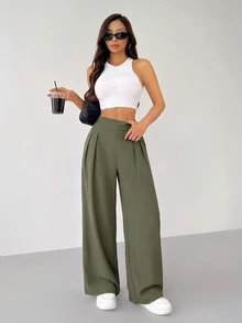 SHEIN PETITE 女款純色簡約日常基本款長褲，小個女教師節上班辦公黑色秋季休閒基本款 - 軍綠色 - 查看 5