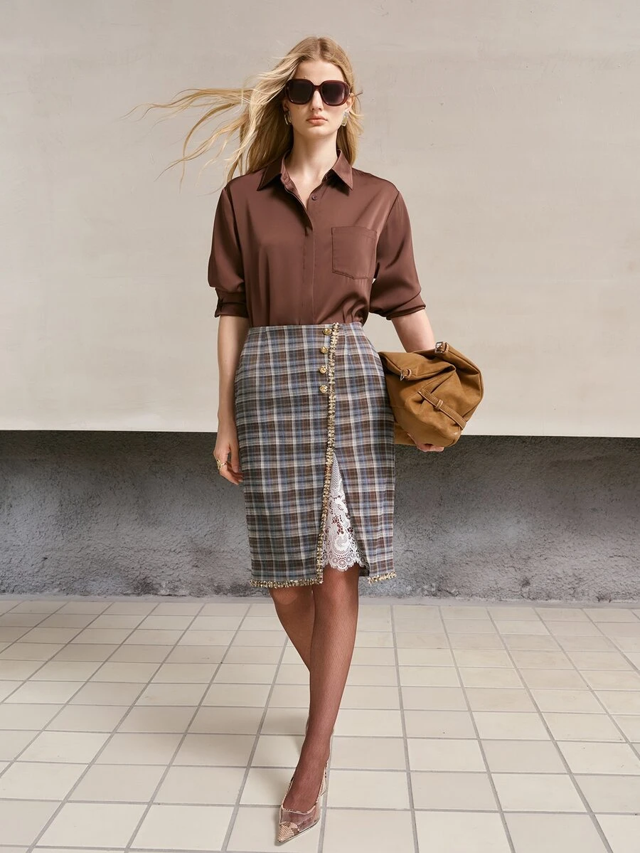 MOTF PREMIUM WOMEN'S VINTAGE PLAID RIBBON TRIM SLIT HEM ELEGANT SKIRT - Multicolor - View 2