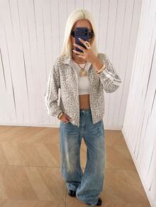 SHEIN EZwear 女款休閒豹紋條紋側拉鍊輕量夾克 - 彩色 - 查看 5