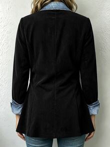 Linhara CURVE Spring/Autumn Corduroy Patchwork Denim Contrast Color Personalized Commuter Casual Elegant Plus Size Blazer - Black - View 2