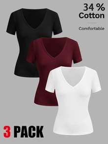 SHEIN EZwear 女款素色V領短袖休閒T恤（3件組） - 彩色 - 查看 2