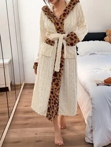 Napfluff Women's Winter Jacquard Velvet Hooded Leopard Print Patchwork Long Robe Loungewear - Apricot - View 6