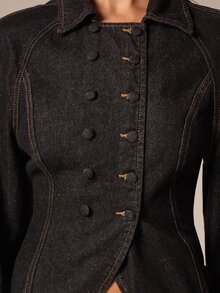 Athîral Denim Women's Fashion Double-Breasted Long Sleeve Denim Jacket - Black - View 6