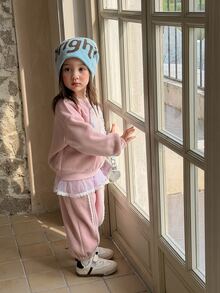 Dazy Kids Infant (Girl) Round Neck All-Over Heart Print Korean Style Long Sleeve Sweatshirt Set - Baby Pink - View 4
