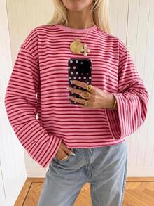 SHEIN EZwear 海外長袖粉紅與紅色拼接條紋上衣，秋季上衣，適合日常通勤、派對、秋冬春夏、聖誕節、新年、感恩節、派對、婚禮、海灘、畢業典禮、優雅、外出、約會、通勤、情人節、優雅、度假、Y2K、畢業典禮及其他場合 - 彩色 - 查看 3