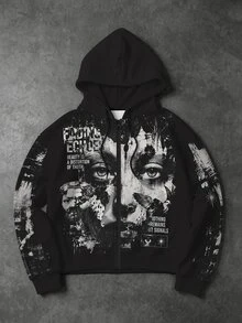 ROMWE MEN American Street Dark Character Collage Zipper Hoodie, Oversized Vintage Distressed Gothic Print - Black and White - View 1