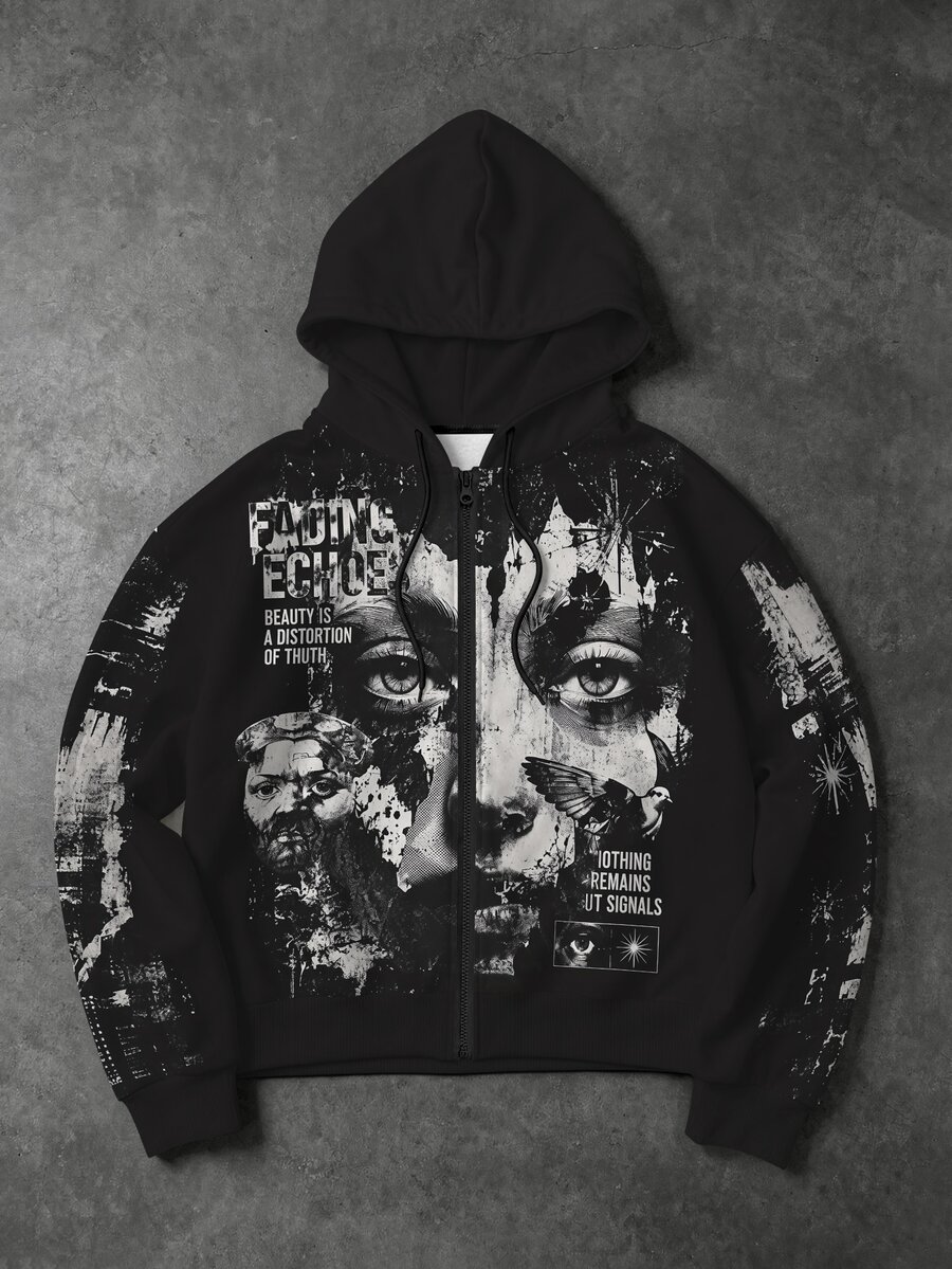 ROMWE MEN American Street Dark Character Collage Zipper Hoodie, Oversized Vintage Distressed Gothic Print - Black and White - View 1