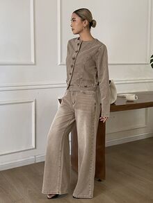 DAZY Women's Long Sleeve Single-Breasted Jacket And Wide Leg Pants Casual Denim Set - Brown - View 6