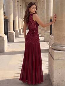 Poshira High-End Evening Gown With Premium 3D Embroidery, Elegant Pleated Hem, Sleeveless Luxury Dress - Burgundy - View 5