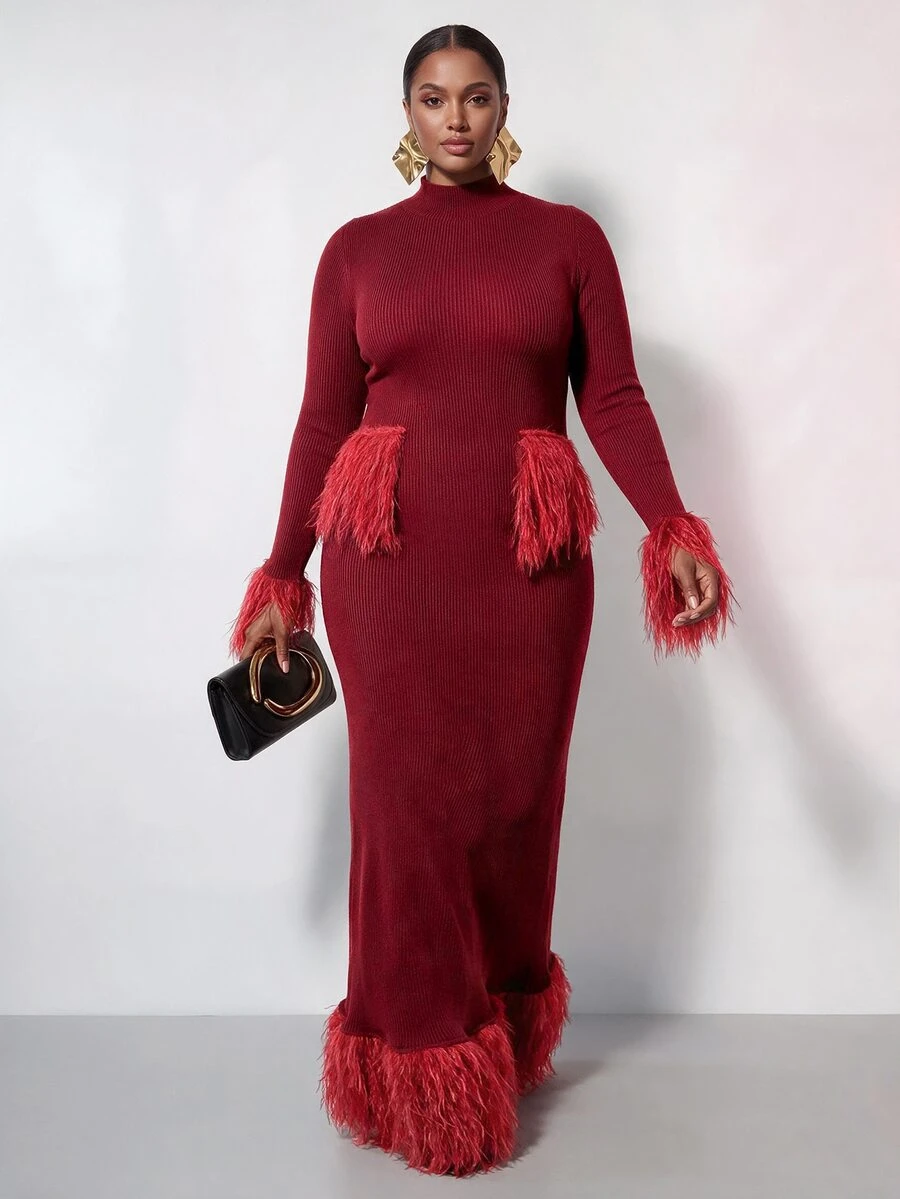 Zivah Plus Size Women's Ribbed Knit Sweater Dress With Tassel Decor - Burgundy - View 1