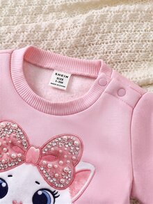 SHEIN 2pcs Newborn Girl Cute Pink Knitted Cartoon Pattern Sweatshirt And Elastic Waist Long Pants Set - Pink - View 7