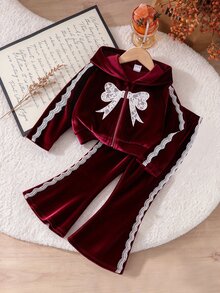 女童 2 件組 春/秋季長袖天鵝絨連帽外套 + 喇叭褲套裝，蕾絲蝴蝶結拉鍊運動衫，聖誕派對穿搭 - 酒紅色 - 查看 8
