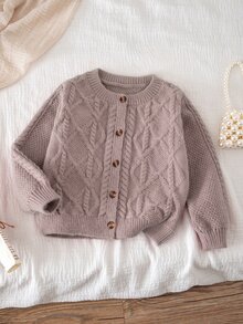 SHEIN 女童純色針織圓領花瓣袖休閒開襟外套 秋冬毛衣 - 卡其色 - 查看 5