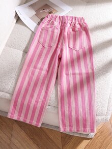 SHEIN Playful Pals Girls' Denim Jeans, All-Season New Style, Cute Vintage Pink Denim, Elastic Waistband Design, Pink And Magenta Colorblock Striped All-Over Print, Straight Leg Wide Leg Fit, Fashionable Versatile, Soft And Comfortable Fabric, Suitable For Daily Wear, Gatherings And Other Occasions, All-Season New Girls' Denim Jeans - Pink - View 2