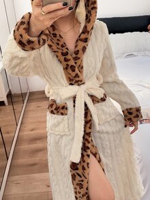 Napfluff Women's Winter Jacquard Velvet Hooded Leopard Print Patchwork Long Robe Loungewear - Apricot - View 5