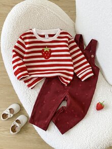 Set Baju Terusan Bayi Perempuan Motif Garis-garis Stroberi Lengan Panjang dan Jumpsuit - Red and White - View 1