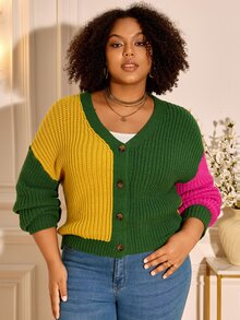 BrightlyHer Plus Size Women's Colorblock Casual Daily Cardigan - Multicolor - View 5