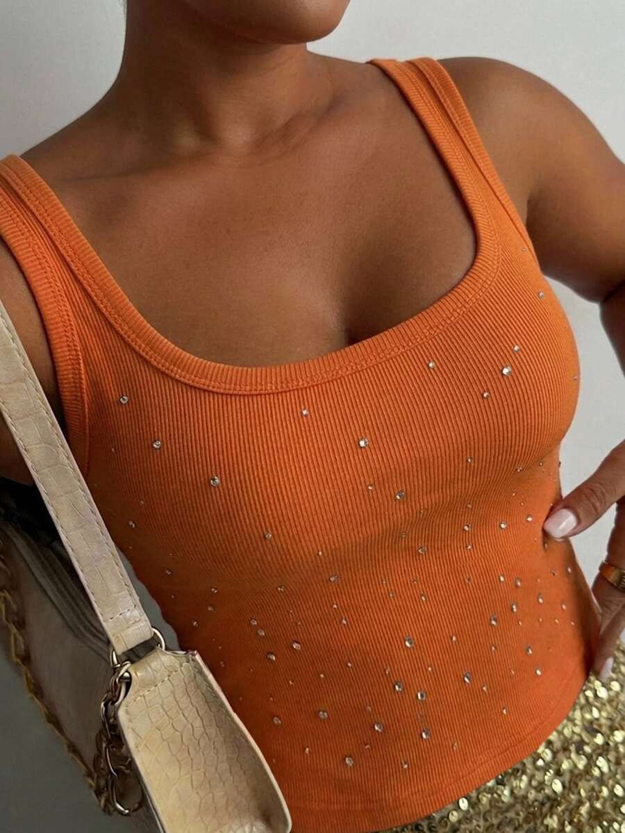 Livesso Plus Size Women's Autumn/Winter New Heavy Rhinestone Embellished Fitted Tank Top - Orange - View 1
