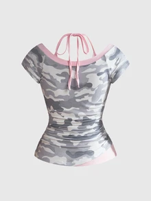 ROMWE Sexy Y2K 2 In 1 V-Neck Camo Contrast Color English Embroidery Halter Tie Women's T-Shirt - Army Green - View 3