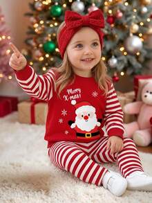 Baby Girls Festive Halloween & Christmas 2 Pieces Set, Cute Santa Claus Pattern Pullover Top And Striped Leggings Holiday Clothing - Multicolor - View 1
