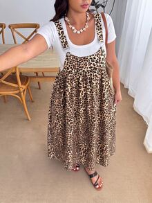 Enliva Plus Size Leopard Print Casual Vacation Strap Dress - Mocha Brown - View 4