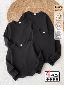 SHEIN 4件組小男孩休閒純色百搭圓領長袖T恤，適合四季秋季上學穿著 - 黑色 - 查看 1