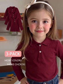 Elladie kids 女童白色3件組長袖 Polo 衫，精緻愛心鈕扣，長袖 T 恤，基本純色修身 T 恤，適合返校季 - 酒紅色 - 查看 3