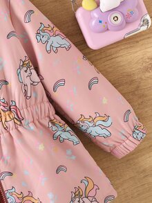 SHEIN 女童獨角獸印花連帽抓絨內裡夾克，拉鍊式彈性腰圍保暖外套，長袖休閒秋冬外套 - 粉色 - 查看 8