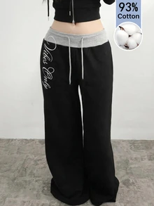 SHEIN Teen Girl Patchwork Waistband Embroidered Drawstring Sweatpants - Black - View 1