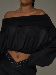 MUSERA Black Mesh Foldover Elasticated Crop Top Fall Autumn Winter Sexy Halloween Going Out Instinct - Black - View 5