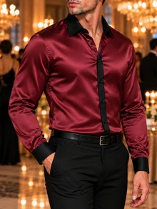 Manfinity Bizformal 男士商務休閒緞面布料設計深色拼接長袖襯衫 - 酒紅色 - 查看 4
