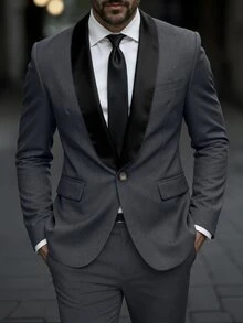 Manfinity Mode Setelan Jas Pria Kerah Syal Warna Polos dengan Kancing Depan, Blazer dan Celana Panjang, Gaya Klasik, Formal, Upacara - Dark Grey - View 3