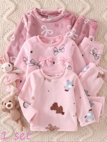 2pcs Baby Girl Comfortable Soft Plush Pink Cute Bear & Pony Animal Print Crew Neck Long Sleeve Pants Pajama Set - Pink - View 1