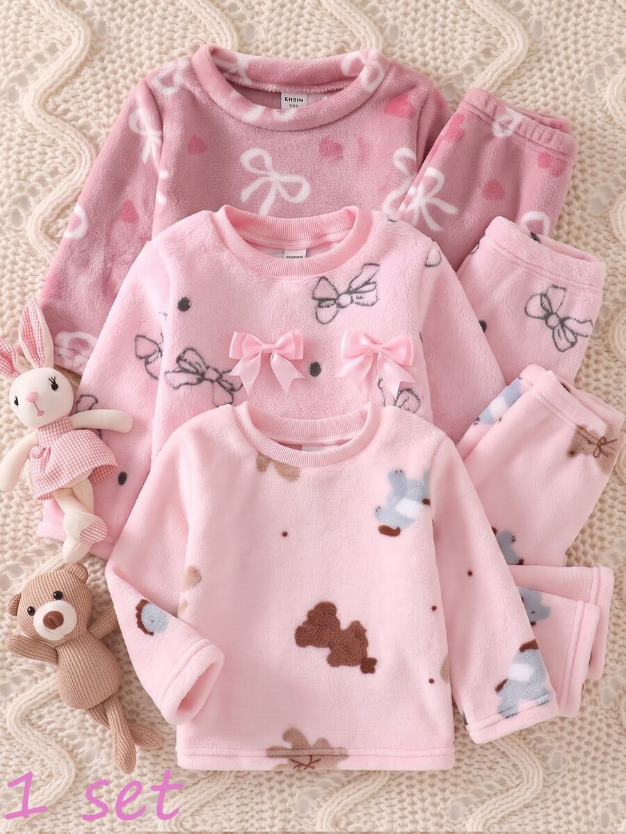 2pcs Baby Girl Comfortable Soft Plush Pink Cute Bear & Pony Animal Print Crew Neck Long Sleeve Pants Pajama Set - Pink - View 1