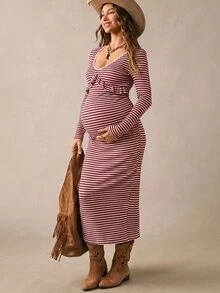Boho Mama 孕婦條紋V領長袖荷葉邊修身側開衩洋裝 秋季鄉村西式風 - 酒紅色 - 查看 6