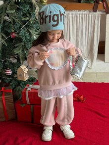 Dazy Kids Infant (Girl) Round Neck All-Over Heart Print Korean Style Long Sleeve Sweatshirt Set - Baby Pink - View 6