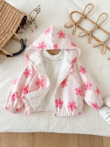 SHEIN 女嬰秋冬可愛花卉圖案燈芯絨連帽保暖內裡夾克 - 淺粉色 - 查看 3