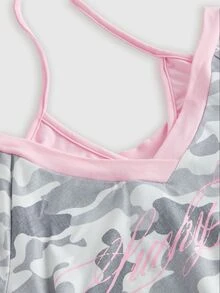 ROMWE Sexy Y2K 2 In 1 V-Neck Camo Contrast Color English Embroidery Halter Tie Women's T-Shirt - Army Green - View 2