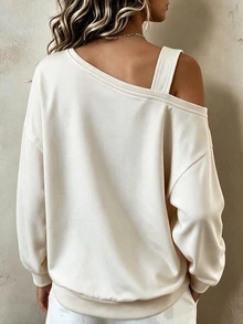 Glimmora New One-Shoulder Cold Shoulder Loose Casual Women's Sweatshirt - Apricot - View 2