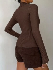 Aloruh 女款休閒羅紋高領拉鍊長袖針織開襟衫，黃色，適合日常穿著與運動，秋冬款 - 摩卡棕 - 查看 4