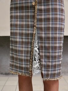 MOTF PREMIUM WOMEN'S VINTAGE PLAID RIBBON TRIM SLIT HEM ELEGANT SKIRT - Multicolor - View 8